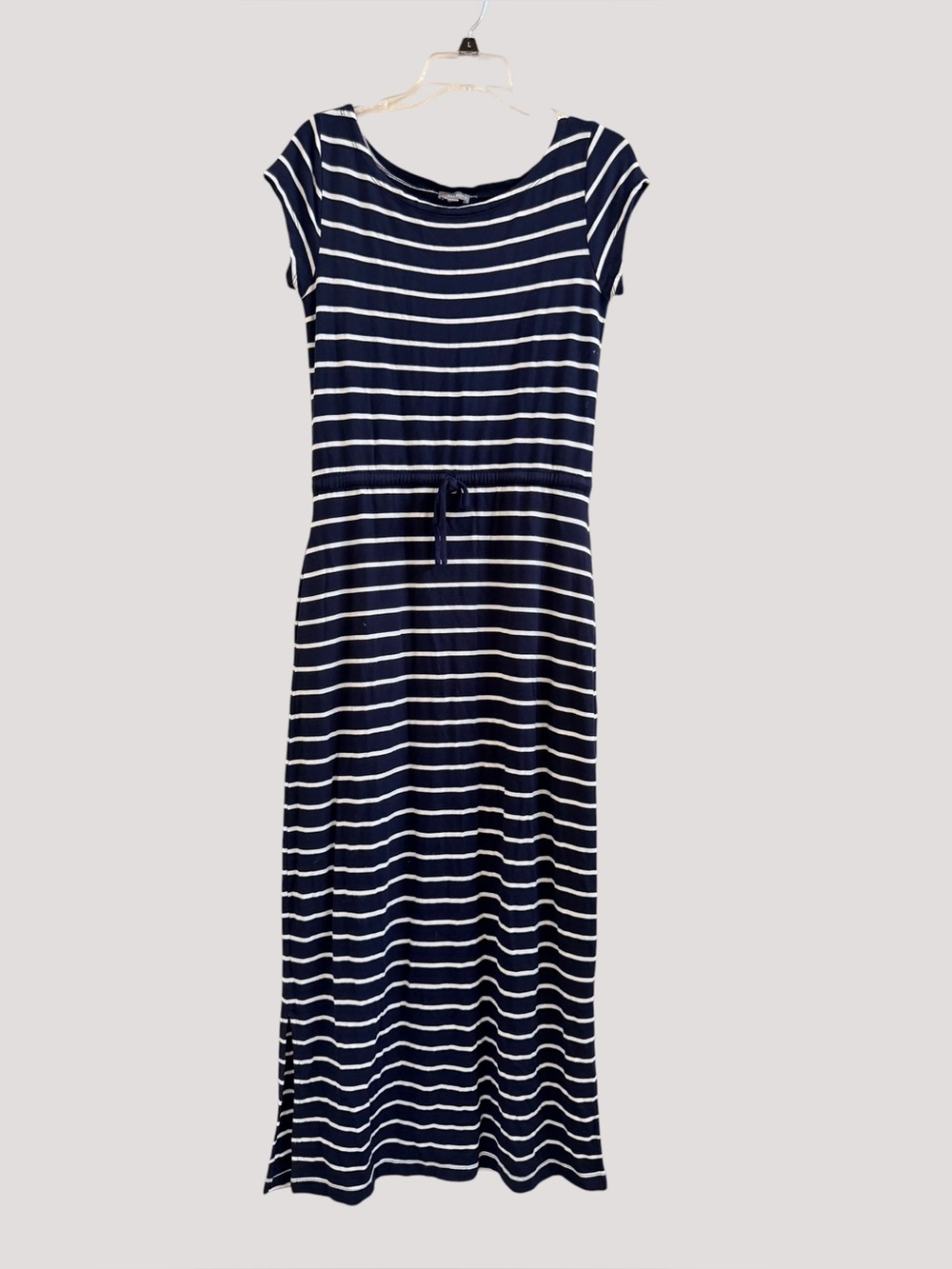 Talbots navy white stripe cap sleeve midi dress